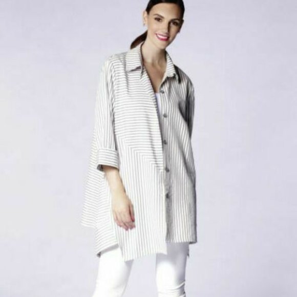 Red Coral Striped Tunic Shirt Asymmetric Hem Top White/Grey Oversized Flowy - Picture 3 of 7
